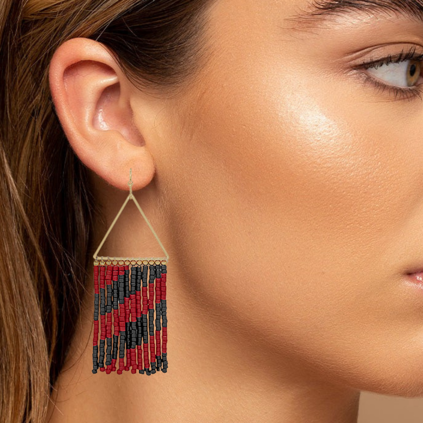 Garnet & Black Striped Seed Bead Fringe Earrings