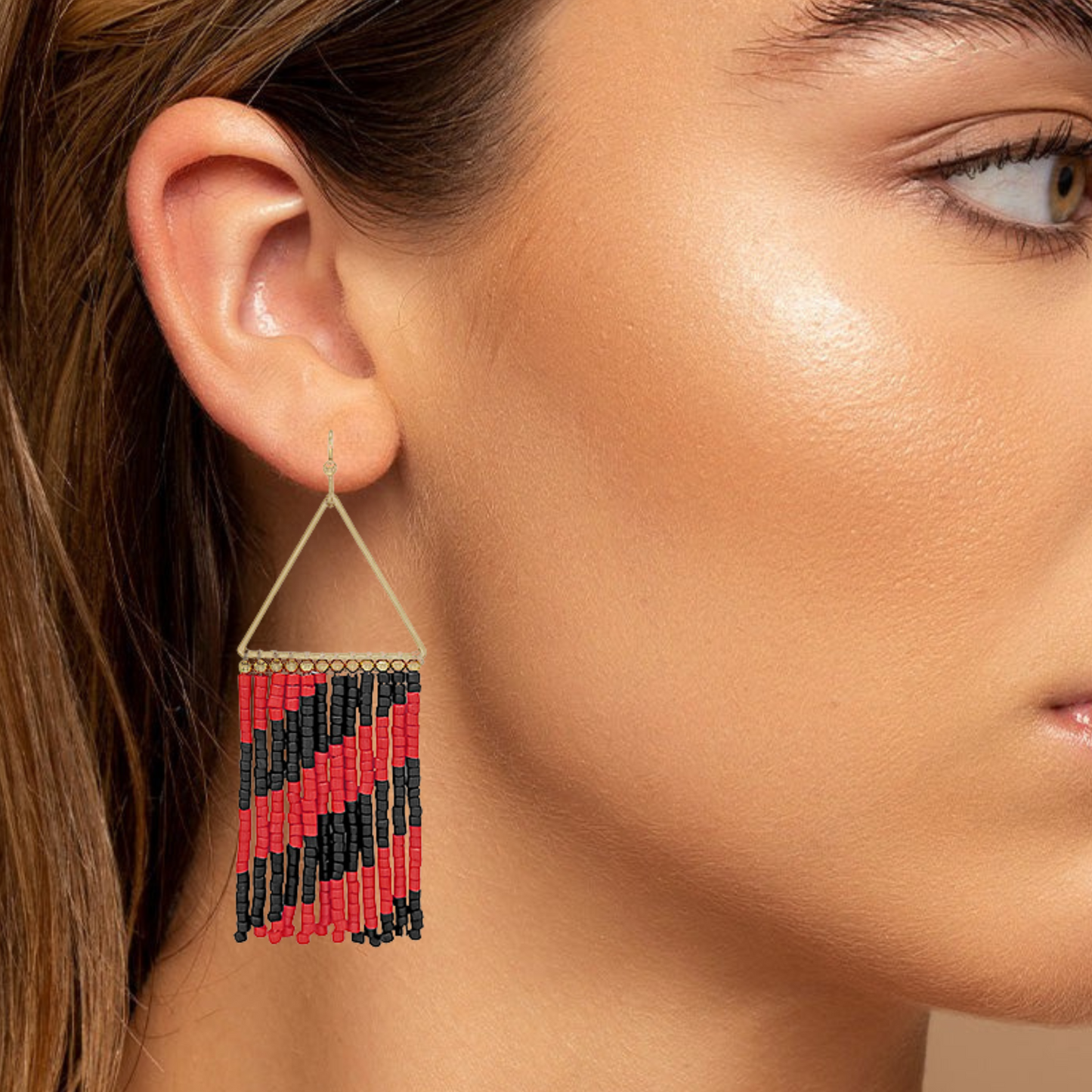 Red & Black Striped Seed Bead Fringe Earrings
