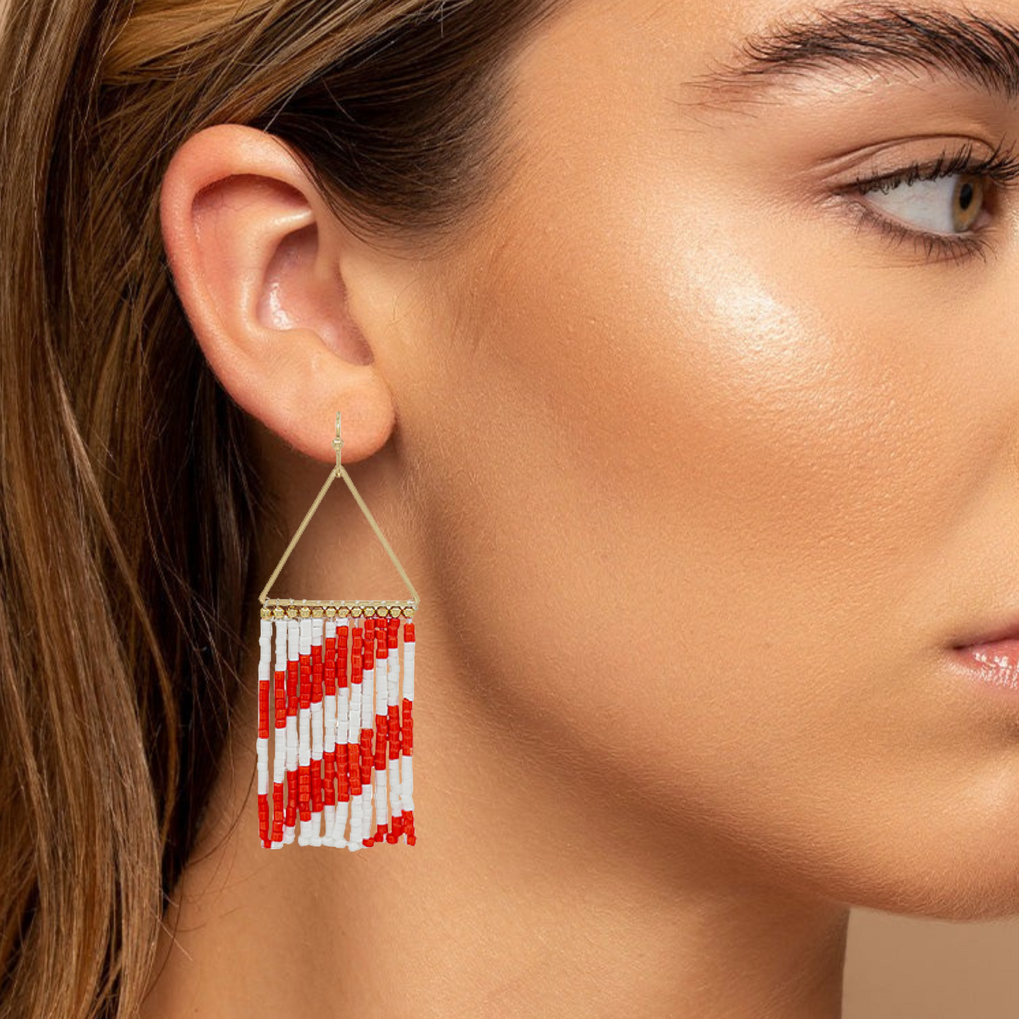 Red & White Striped Seed Bead Fringe Earrings