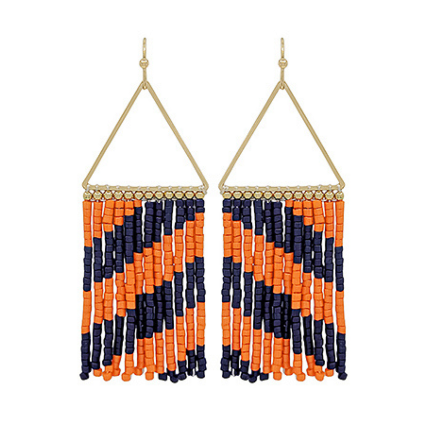 Orange & Blue Striped Seed Bead Fringe Earrings