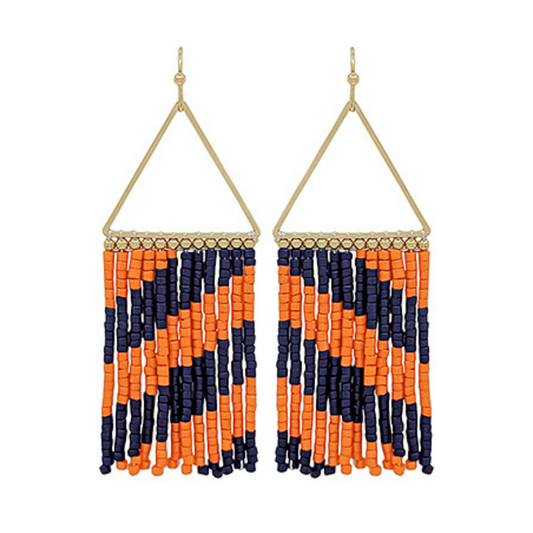 Orange & Blue Striped Seed Bead Fringe Earrings