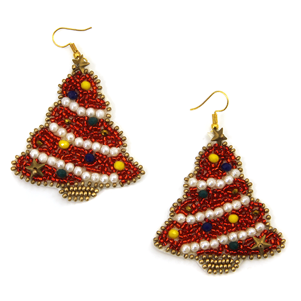 Tinsel Time Christmas Pearl & Seed Bead Red Tree Earrings