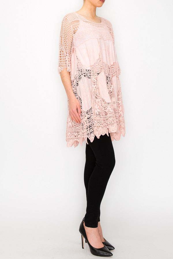 Rowen Crochet Lace Bohemian Tunic Top in Pink