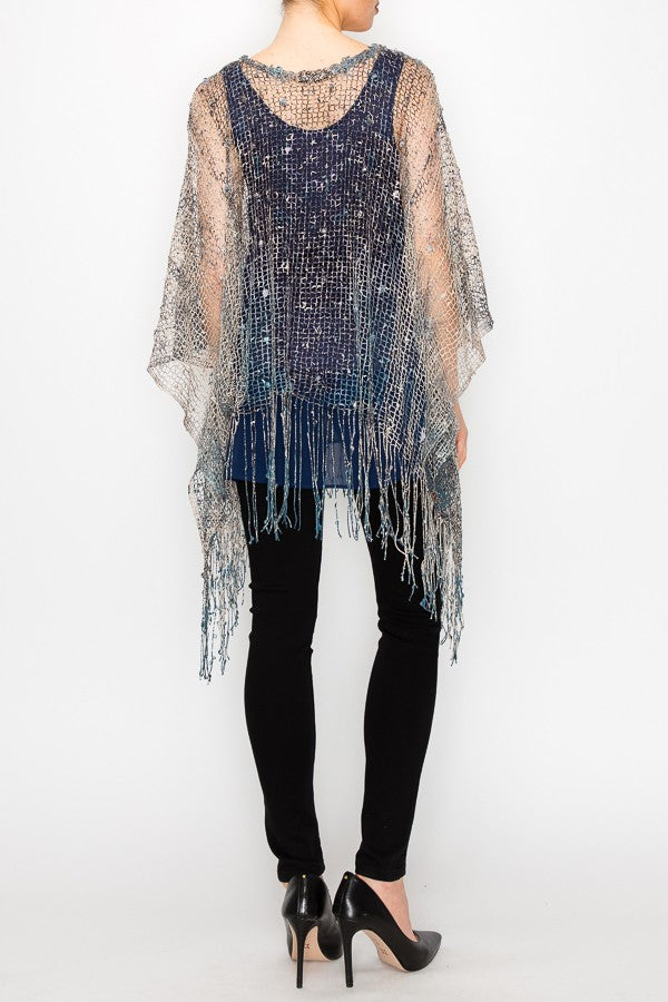 Nylah Metallic Sparkle Printed Boho Festival Mesh Top in Blue