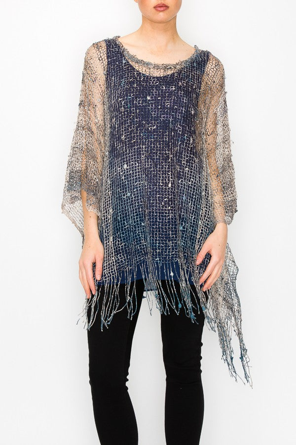 Nylah Metallic Sparkle Printed Boho Festival Mesh Top in Blue