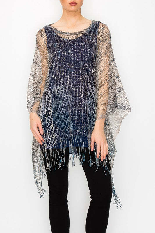 Nylah Metallic Sparkle Printed Boho Festival Mesh Top in Blue