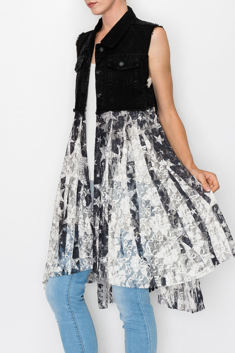 Deidre Denim Vest Boho Hem in Black Stars