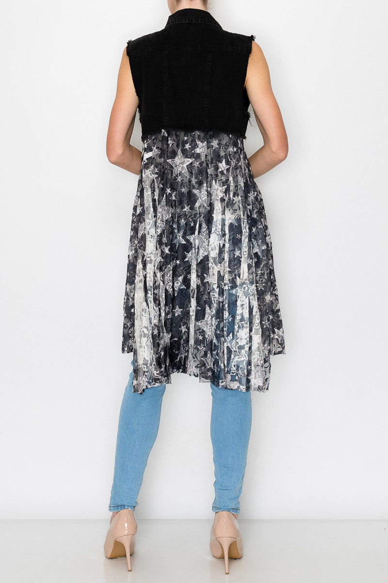 Deidre Denim Vest Boho Hem in Black Stars
