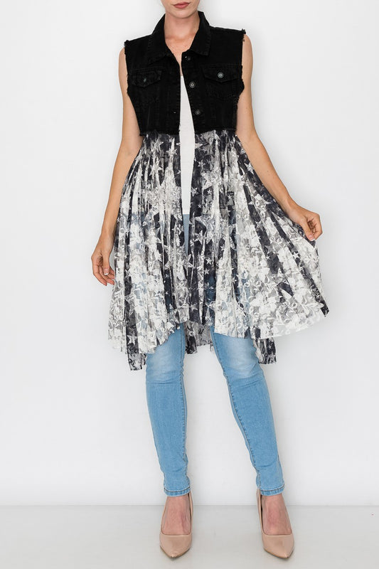 Deidre Denim Vest Boho Hem in Black Stars