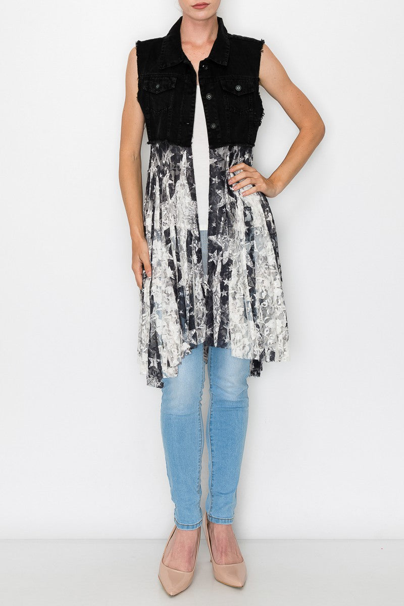 Deidre Denim Vest Boho Hem in Black Stars