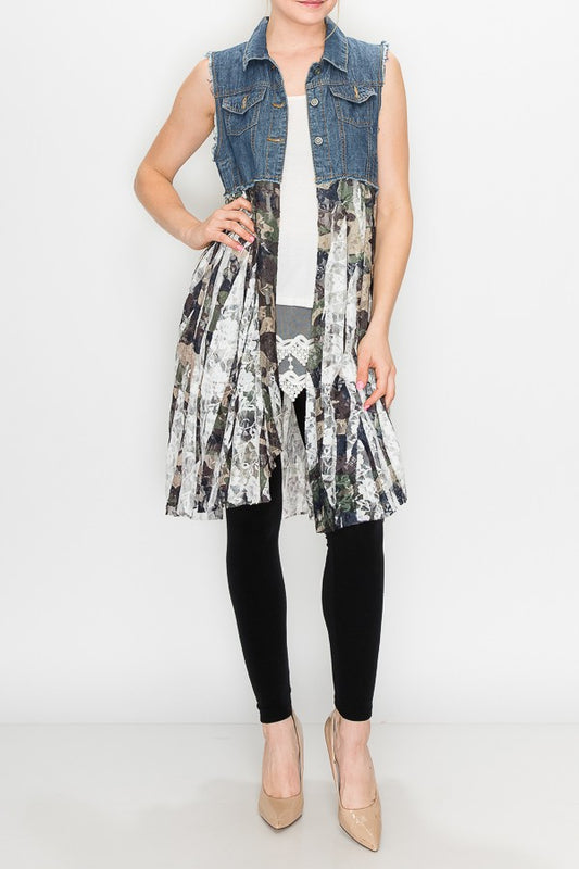 Deidre Blue Denim Vest Boho Lace Hem in Camo Print