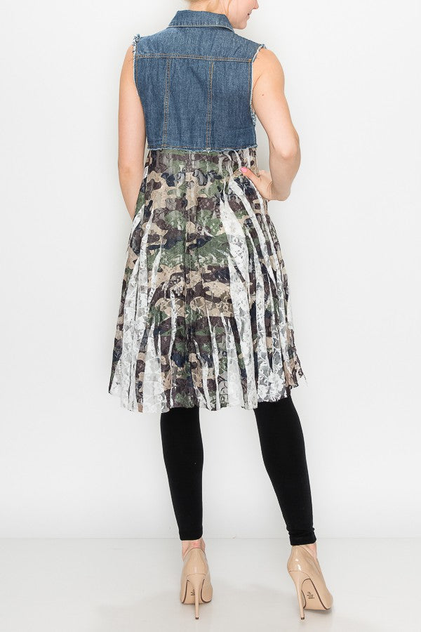 Deidre Blue Denim Vest Boho Lace Hem in Camo Print