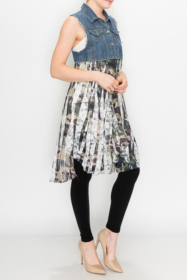 Deidre Blue Denim Vest Boho Lace Hem in Camo Print