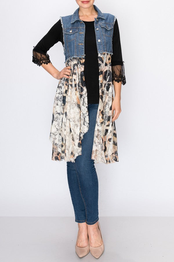 Deidre Denim Vest Boho Hem in Blue Leopard Lace