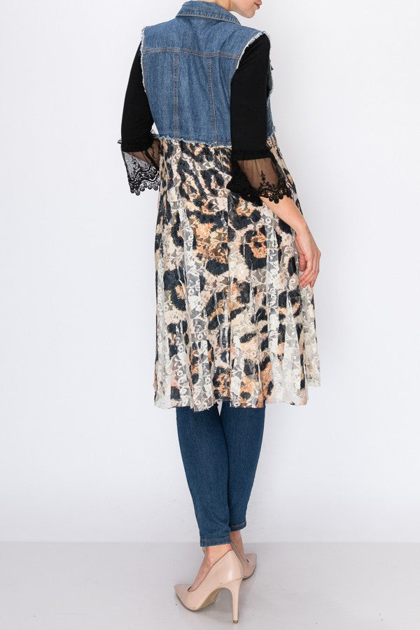 Deidre Denim Vest Boho Hem in Blue Leopard Lace