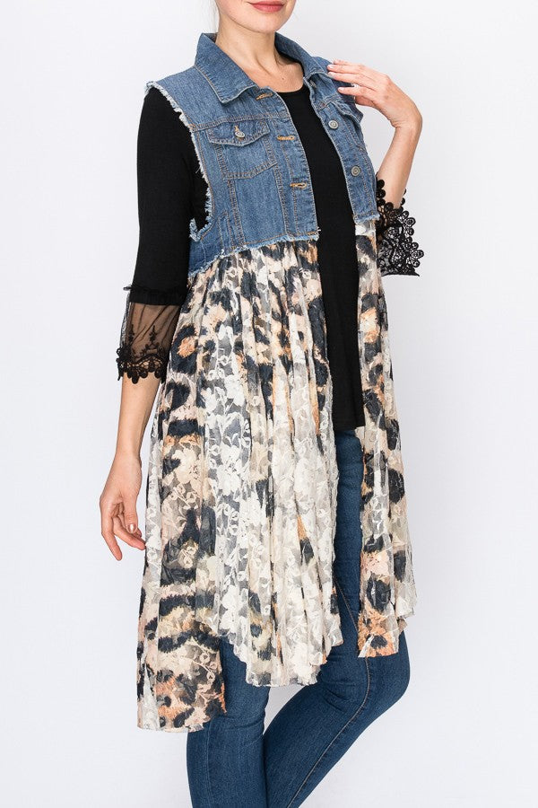 Deidre Denim Vest Boho Hem in Blue Leopard Lace