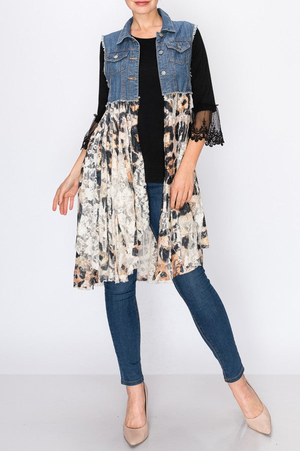 Deidre Denim Vest Boho Hem in Blue Leopard Lace