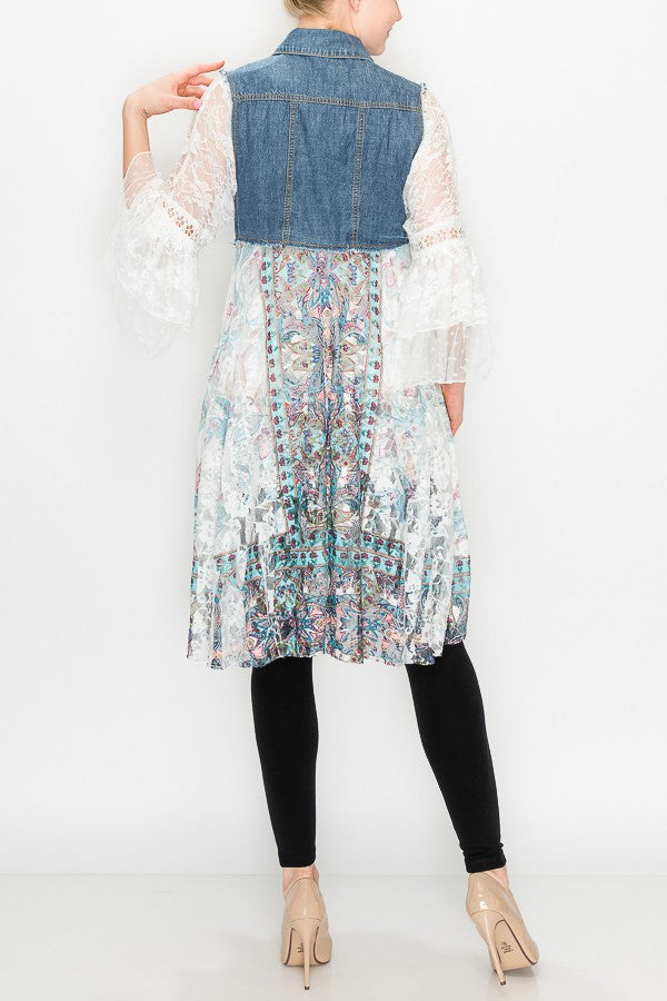 Deidre Blue Denim Vest Lace Hem in Teal Boho Print