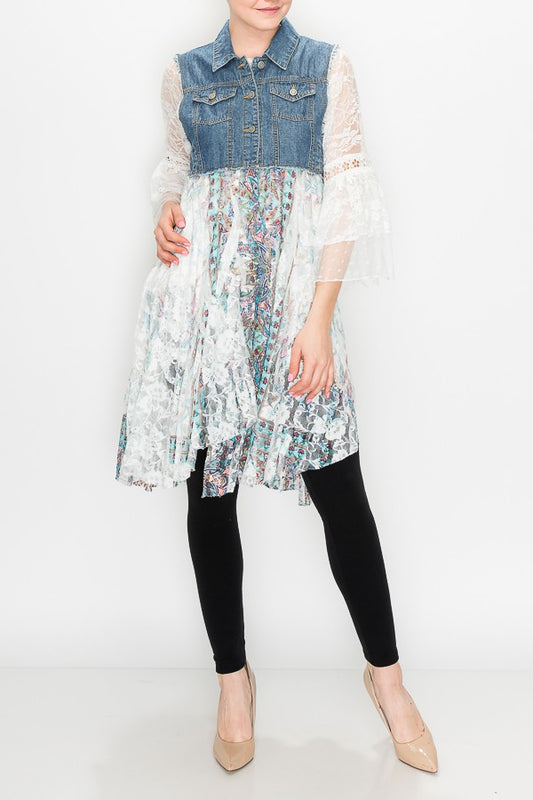 Deidre Blue Denim Vest Lace Hem in Teal Boho Print