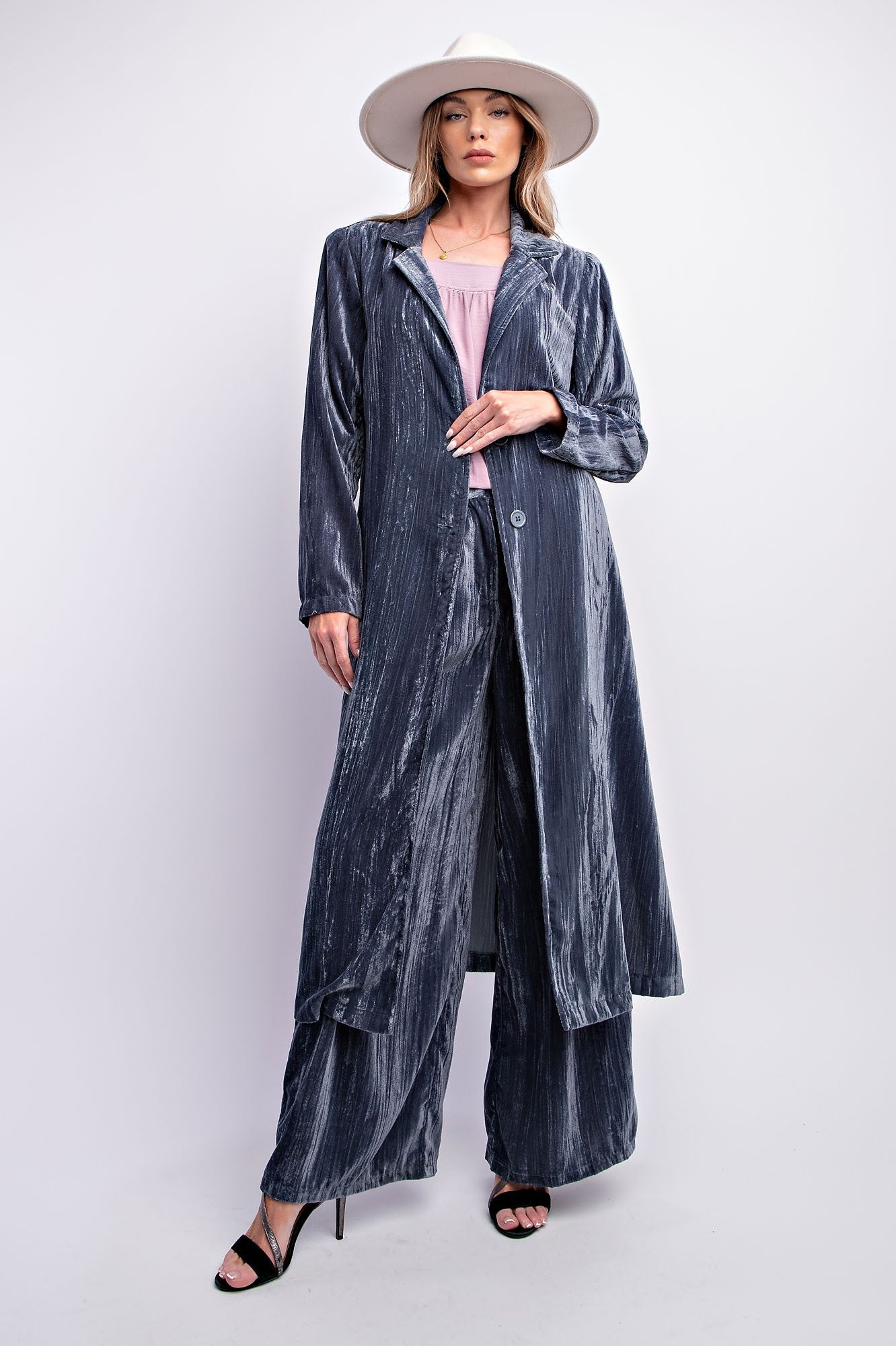 Sadie Seventies Shimmer Velvet Boho Retro Long Coat in Blue