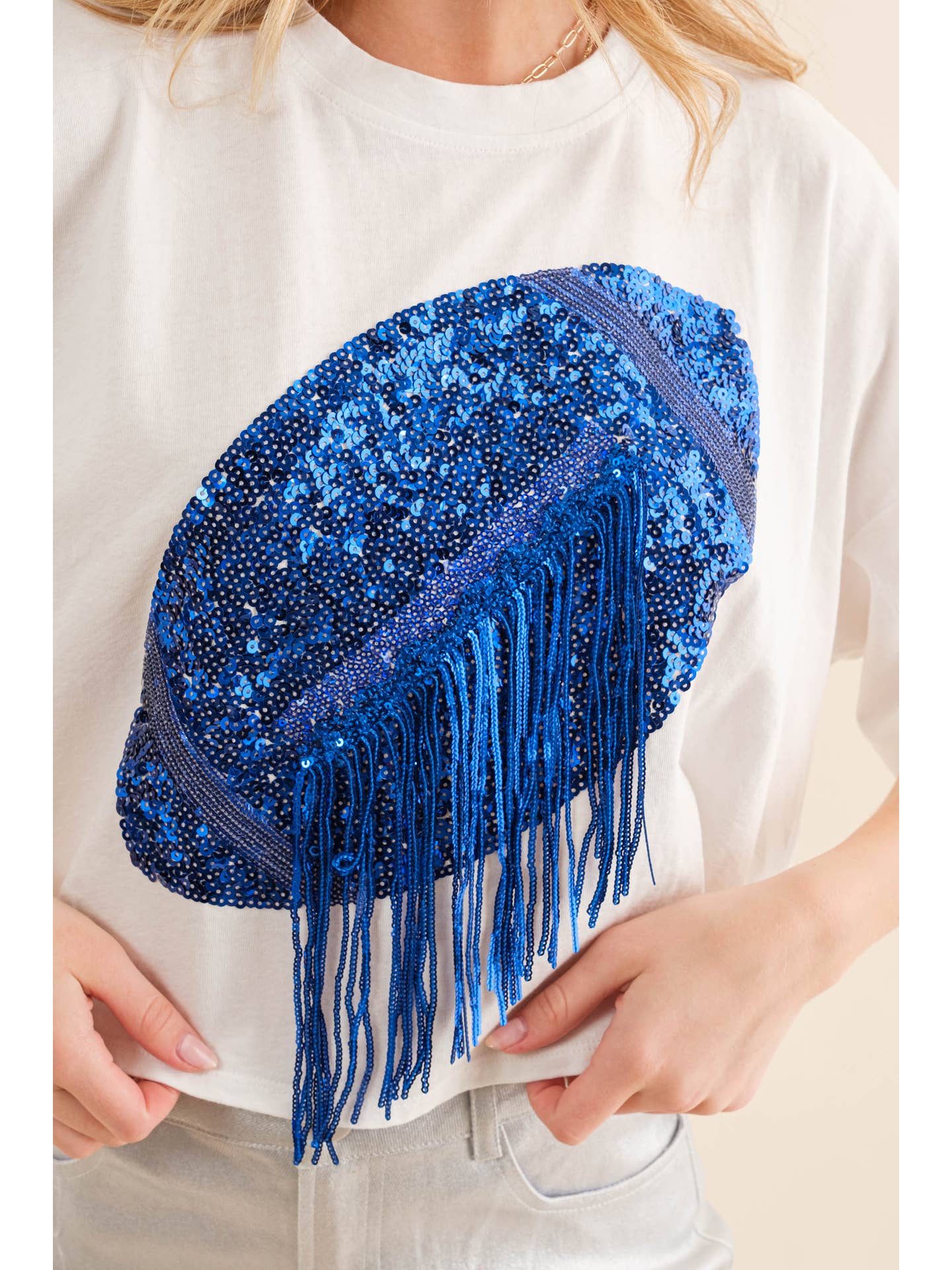 Football Kentucky Blue White Sequin Fringe Crop Top