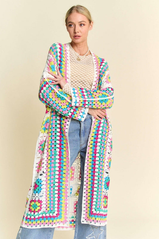 Coachella Ready Boho Style Crochet Neon Knit Cardigan