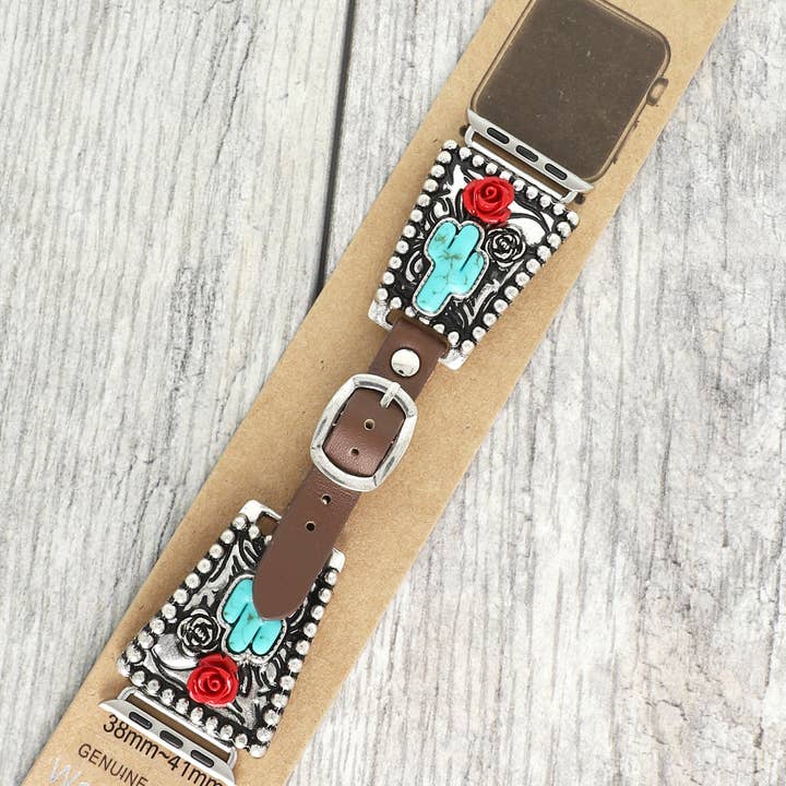 Western Rose Boho APPLE WATCH Leather Turquoise Cactus Watch Band