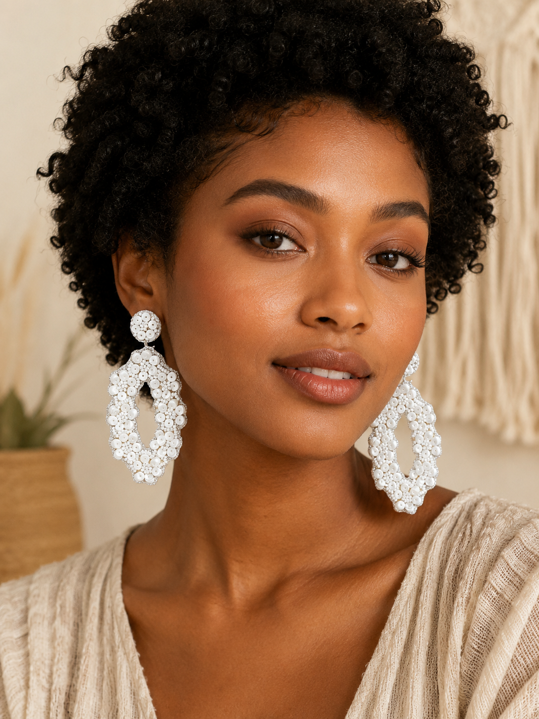 White Beaded Long Statement Earrings