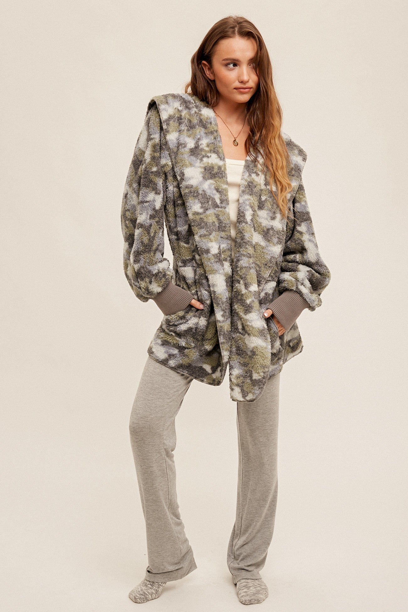 Casually Camo Light Gray Sherpa Teddy Jacket