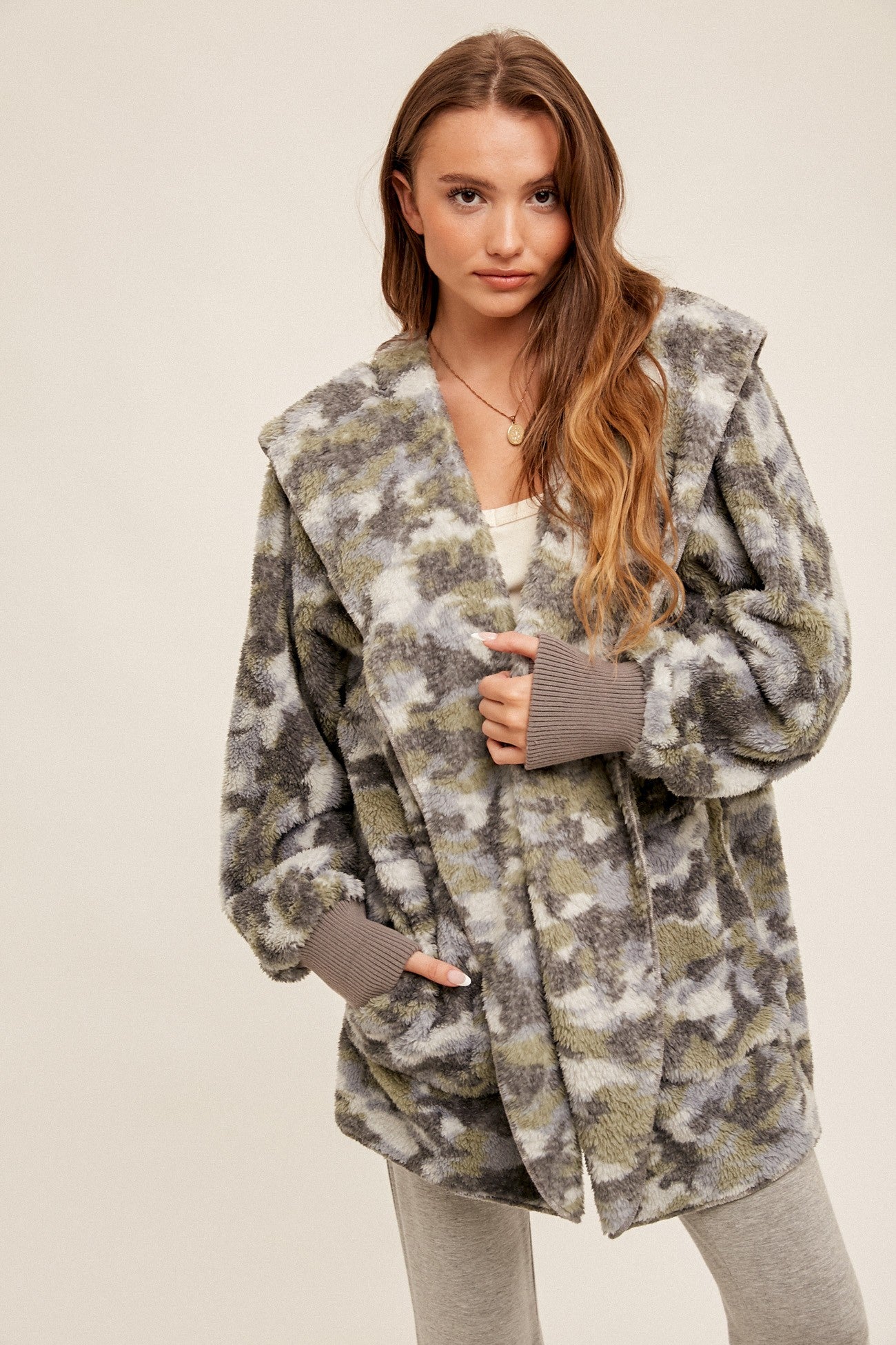 Casually Camo Light Gray Sherpa Teddy Jacket