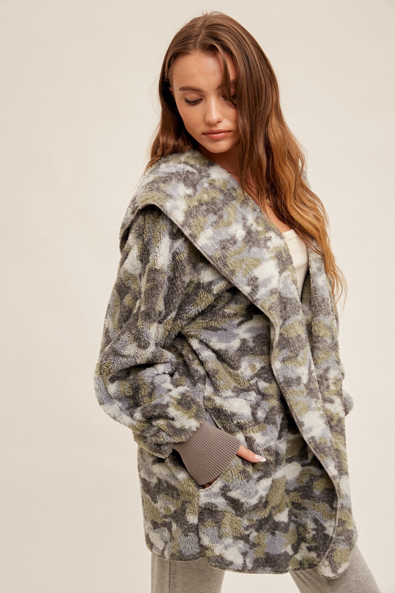 Casually Camo Light Gray Sherpa Teddy Jacket