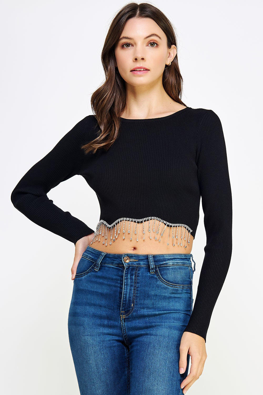 Fringe Benefits Rhinestone Hem Knit Top