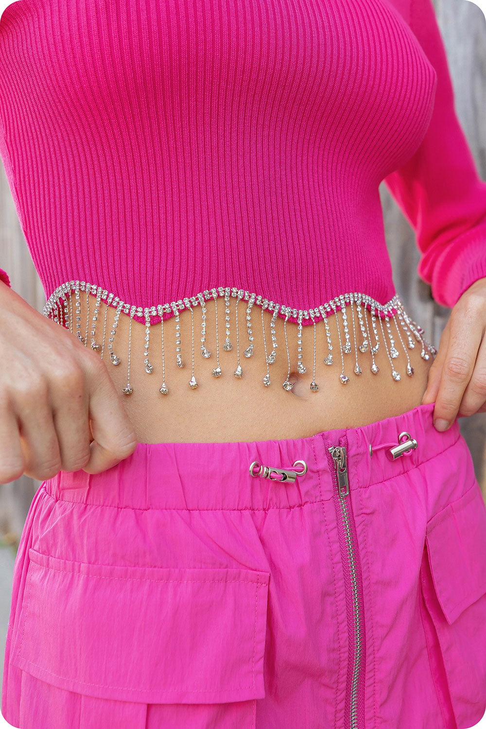Fringe Benefits Rhinestone Hem Knit Top