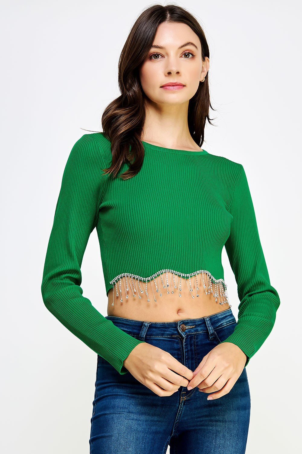 Fringe Benefits Rhinestone Hem Knit Top