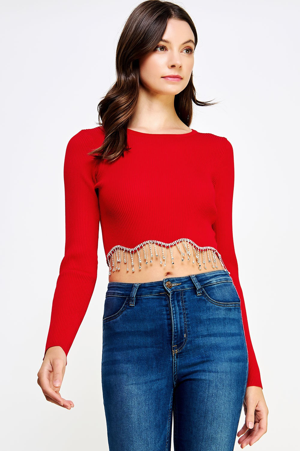 Fringe Benefits Rhinestone Hem Knit Top