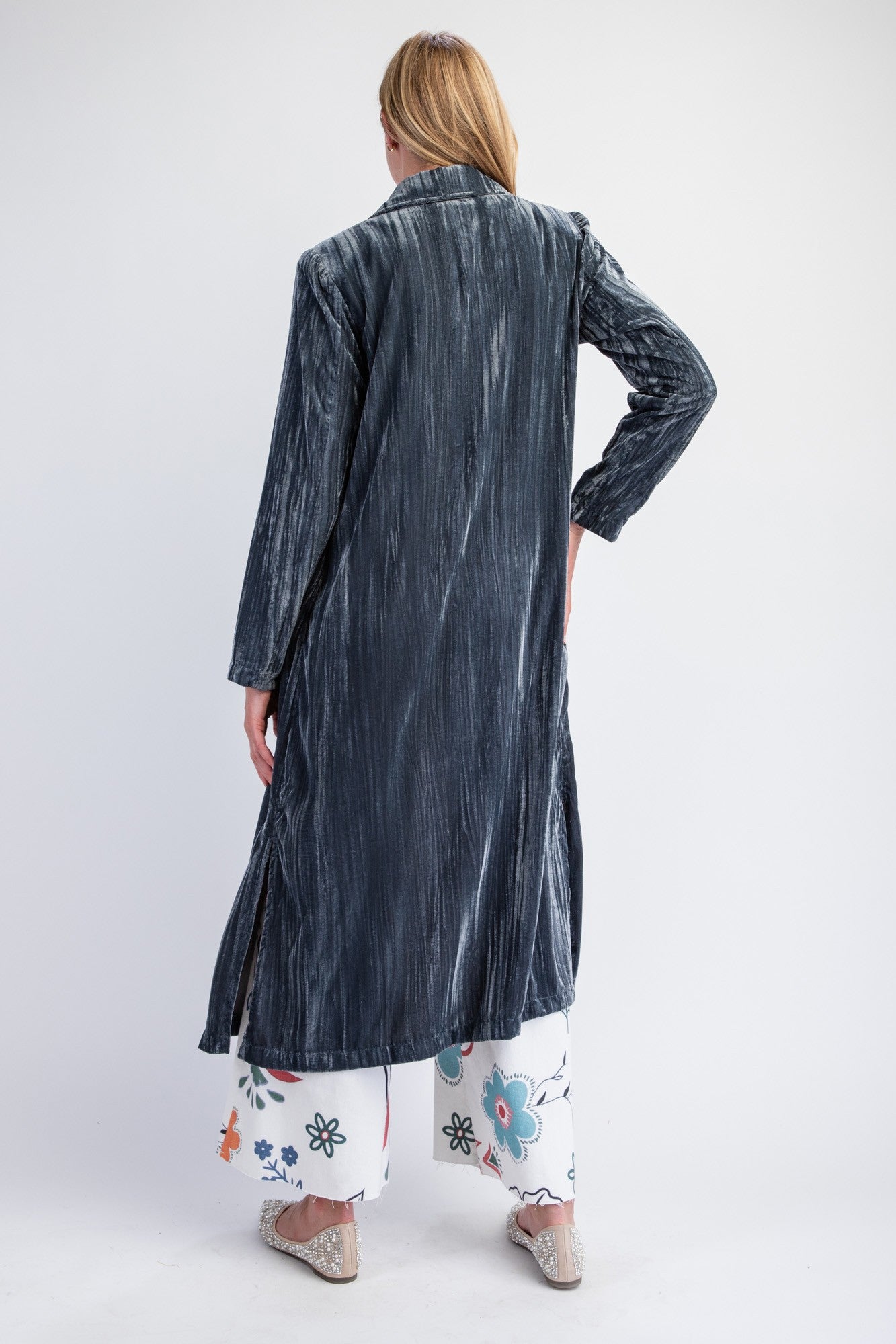 Sadie Seventies Shimmer Velvet Boho Retro Long Coat in Blue