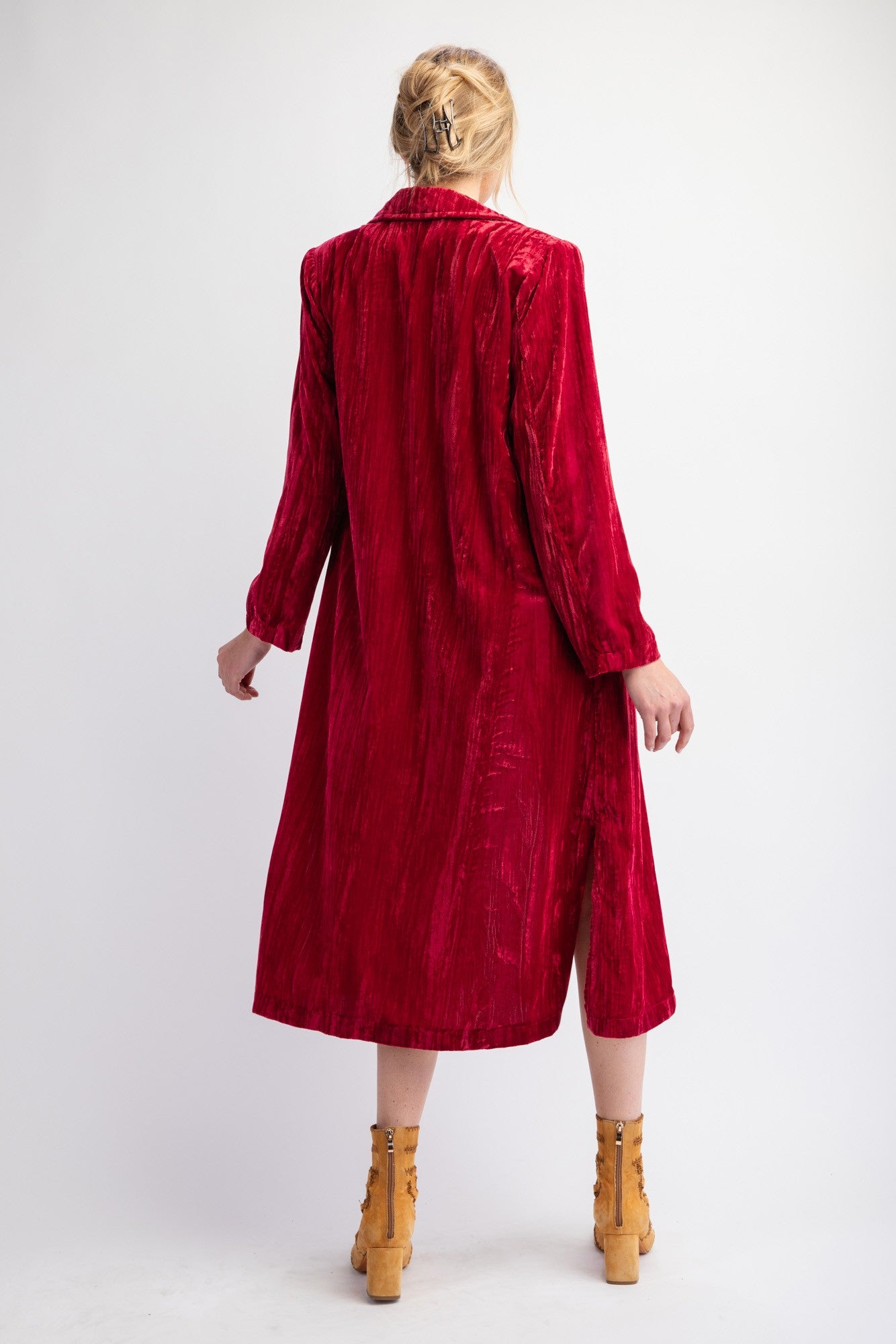 Sadie Seventies Shimmer Velvet Boho Retro Long Coat in Red