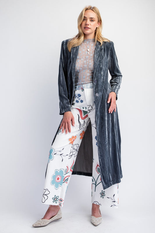 Sadie Seventies Shimmer Velvet Boho Retro Long Coat in Blue