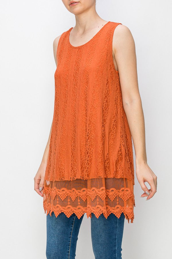 Lola Lined Lace Detail Hi-Lo Tank Top in Orange