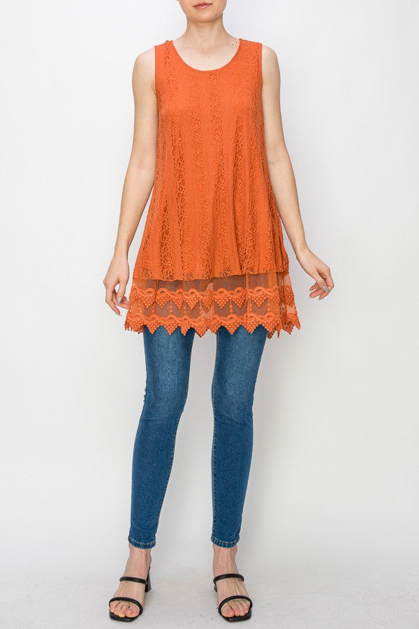 Lola Lined Lace Detail Hi-Lo Tank Top in Orange
