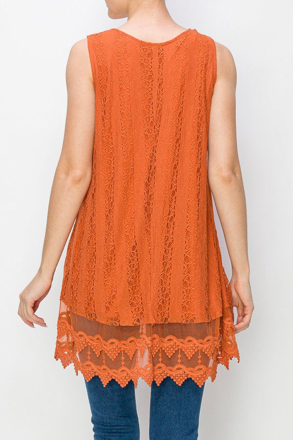 Lola Lined Lace Detail Hi-Lo Tank Top in Orange