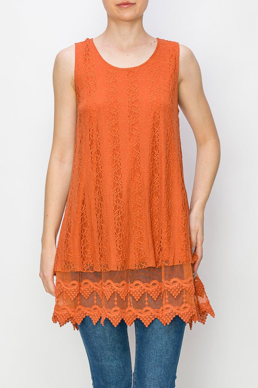 Lola Lined Lace Detail Hi-Lo Tank Top in Orange