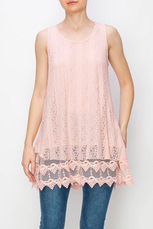 Lola Lined Lace Detail Hi-Lo Tank Top in Pink
