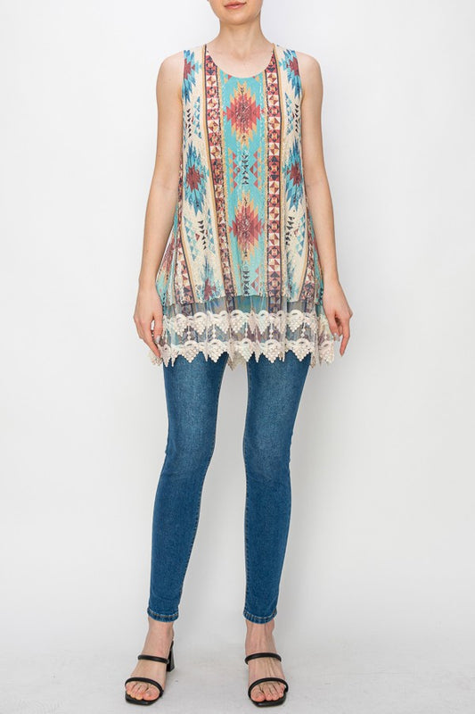 Lola Lined Lace Detail Hi-Lo Tank Top in Aztec Print