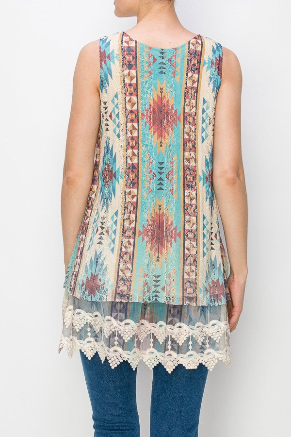 Lola Lined Lace Detail Hi-Lo Tank Top in Aztec Print