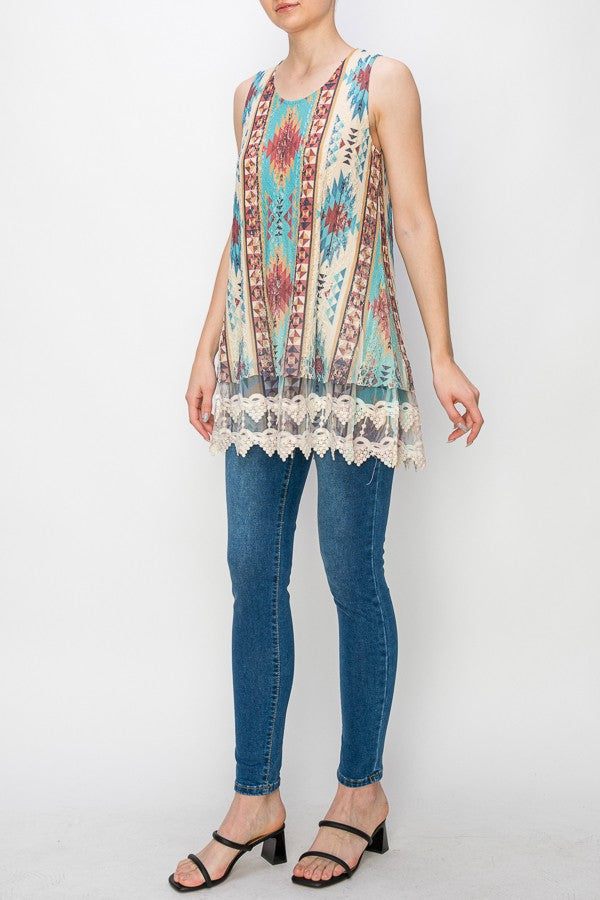 Lola Lined Lace Detail Hi-Lo Tank Top in Aztec Print