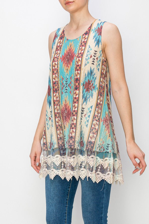 Lola Lined Lace Detail Hi-Lo Tank Top in Aztec Print
