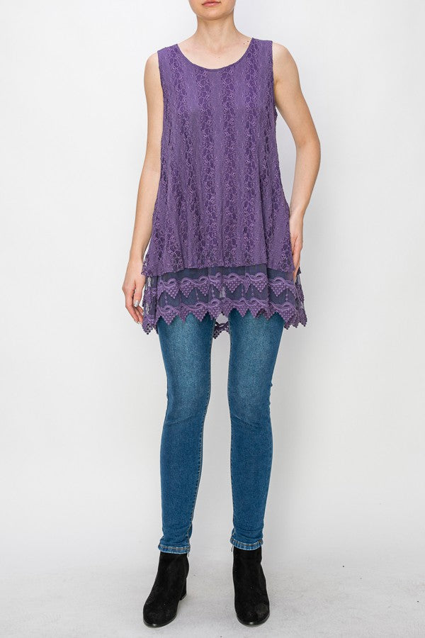 Lola Lined Lace Detail Hi-Lo Tank Top in Purple