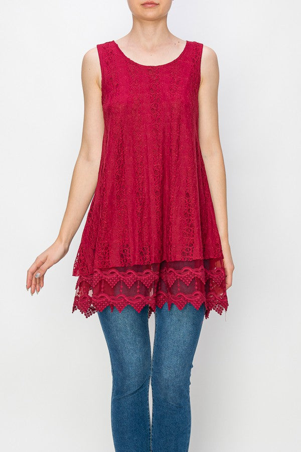 Lola Lined Lace Detail Hi-Lo Tank Top in Red