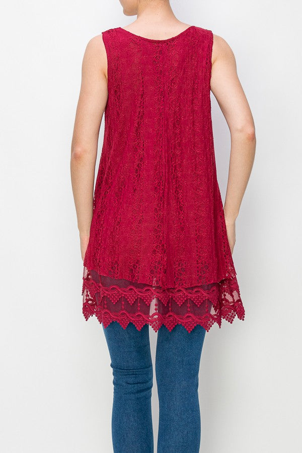 Lola Lined Lace Detail Hi-Lo Tank Top in Red